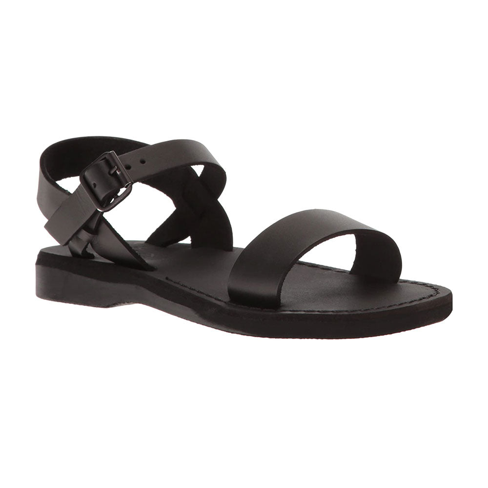 Naomi black, handmade leather sandals with back strap - Front View
