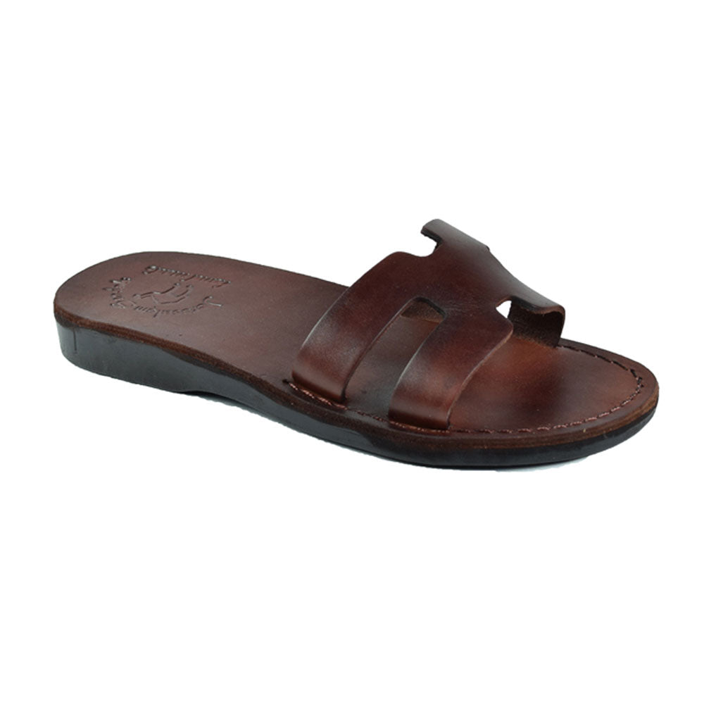 Anna Brown, handmade slide leather sandals - Front View