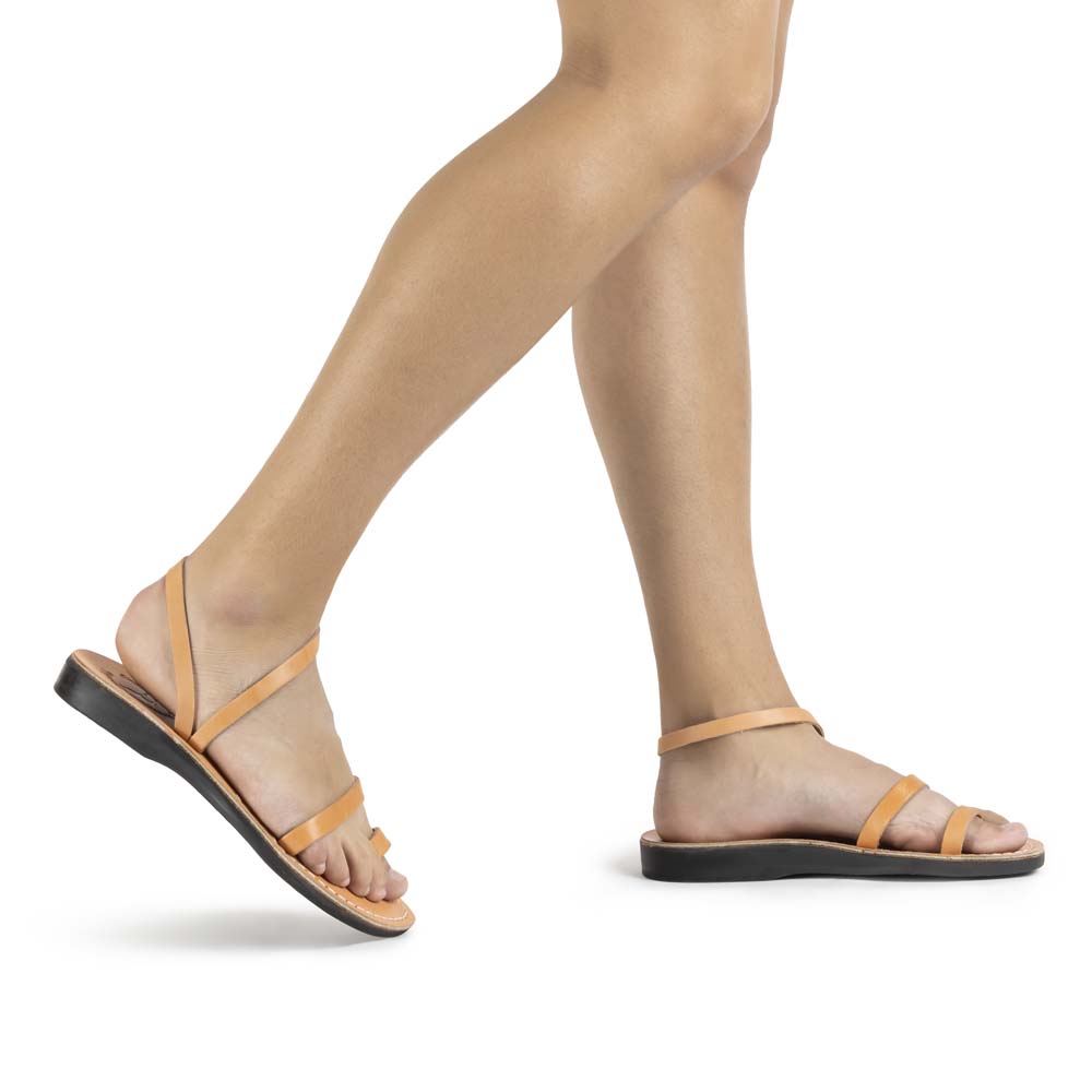 Ella tan, handmade leather sandals with back strap and toe loop - Model View