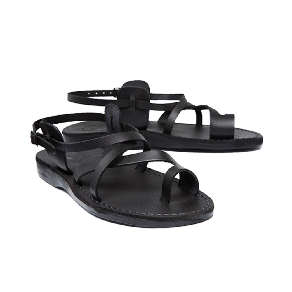 The Good Shepherd Buckle black, handmade leather sandals with back strap and toe loop, straps view