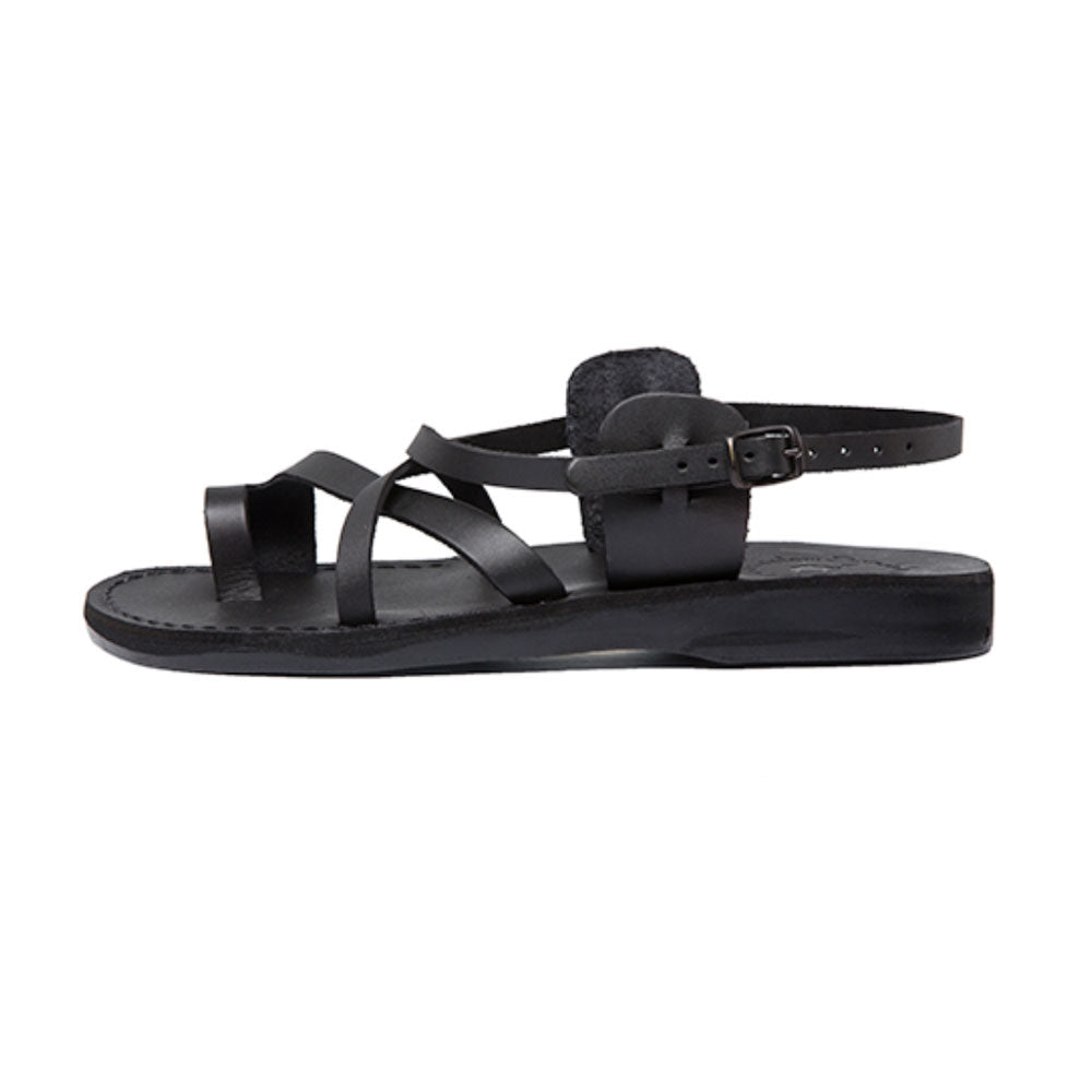 The Good Shepherd Buckle black, handmade leather sandals with back strap and toe loop- left View