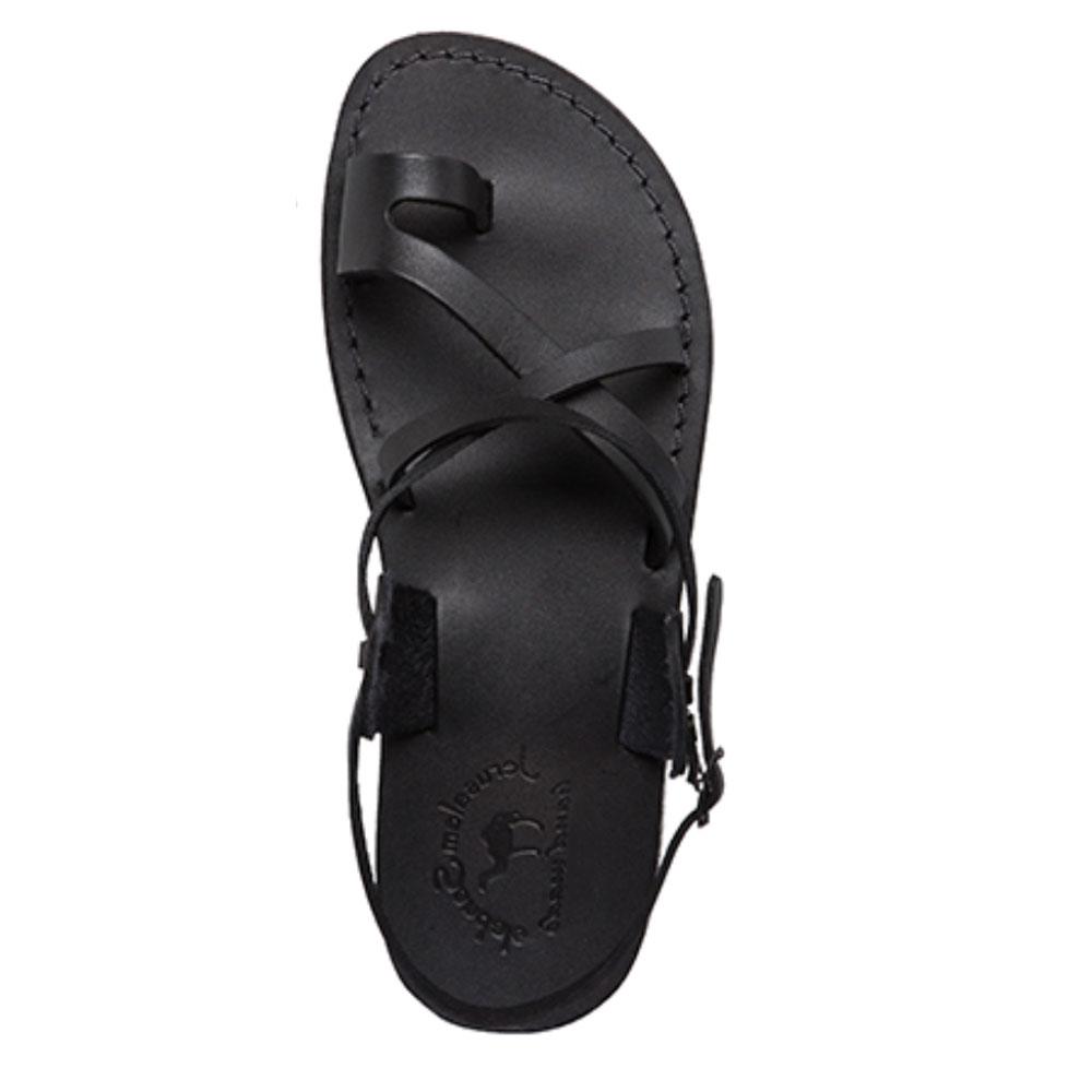 The Good Shepherd Buckle black, handmade leather sandals with back strap and toe loop, up view