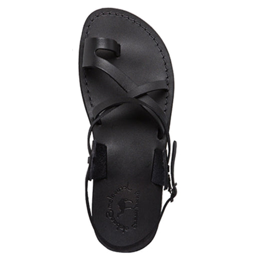 The Good Shepherd Buckle black, handmade leather sandals with back strap and toe loop- Side View