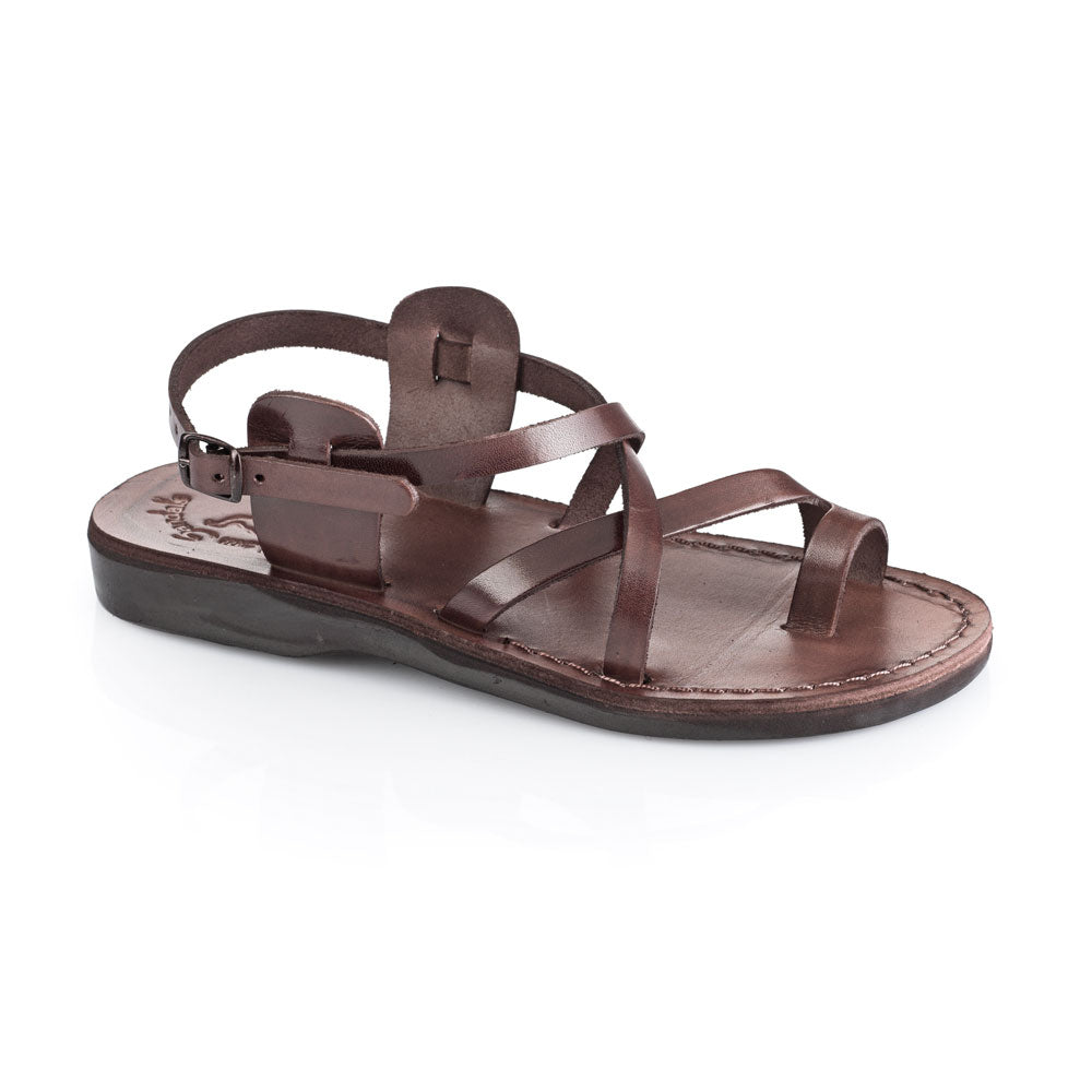 The Good Shepherd Buckle brown, handmade leather sandals with back strap and toe loop - Front View