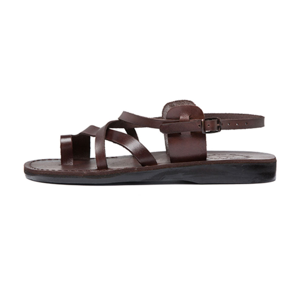 The Good Shepherd Buckle brown, handmade leather sandals with back strap and toe loop - backle View