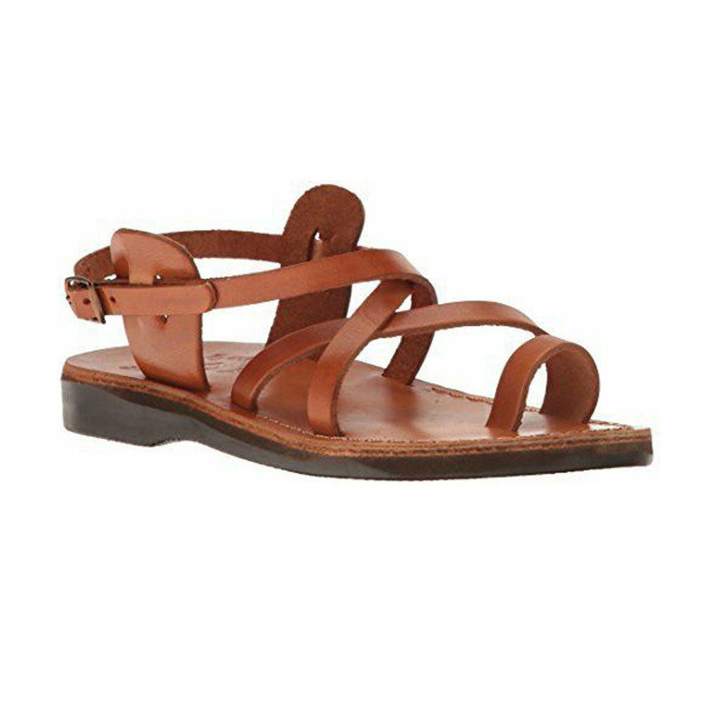 The Good Shepherd Buckle honey, handmade leather sandals with back strap and toe loop - Front View