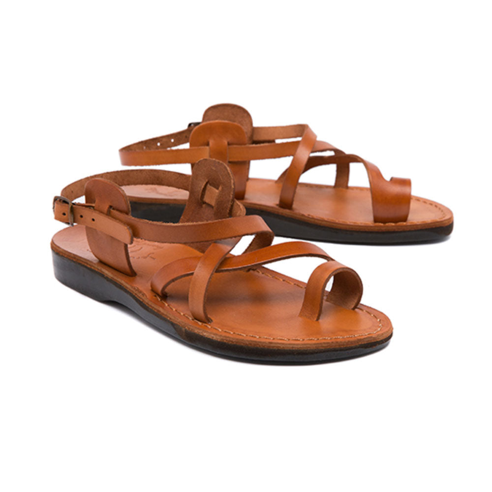 The Good Shepherd Buckle honey, handmade leather sandals with back strap and toe loop - straps View