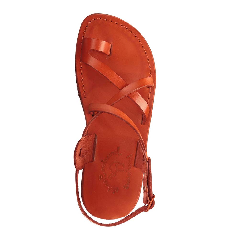 The Good Shepherd Buckle orange, handmade leather sandals with back strap and toe loop- up View