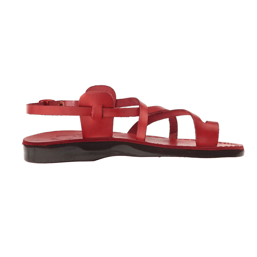 The Good Shepherd Buckle red, handmade leather sandals with back strap and toe loop- right View