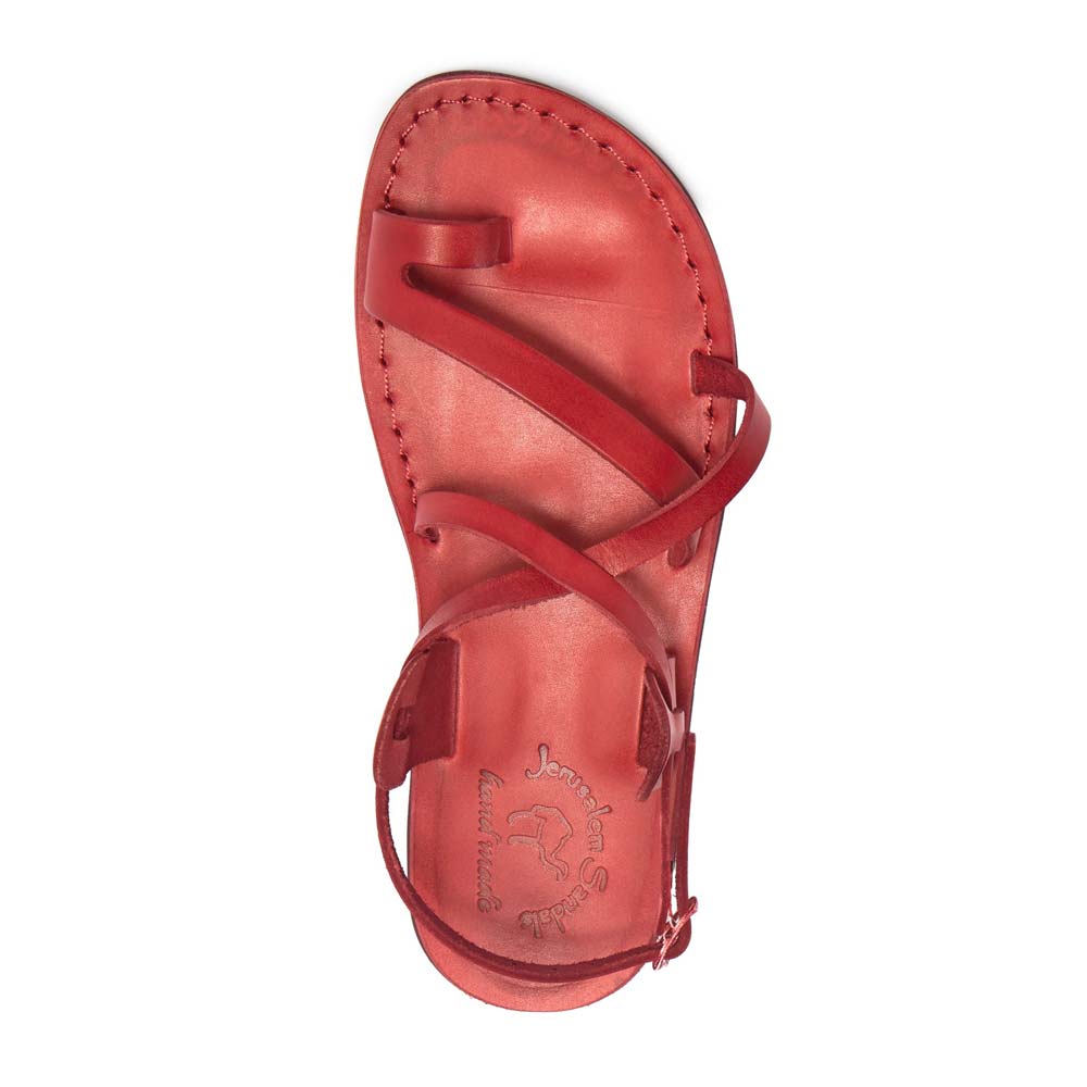 The Good Shepherd Buckle red, handmade leather sandals with back strap and toe loop- Side View
