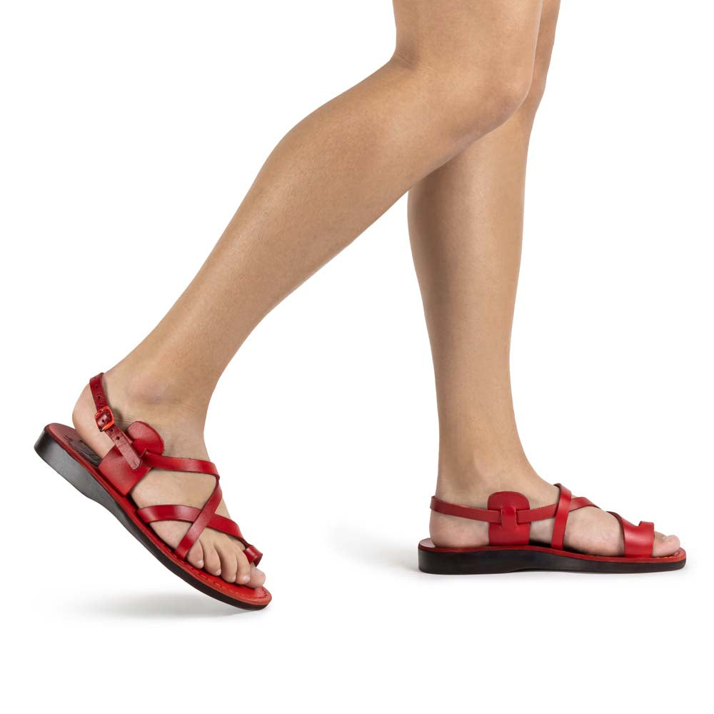 The Good Shepherd Buckle red, handmade leather sandals with back strap and toe loop - Model View