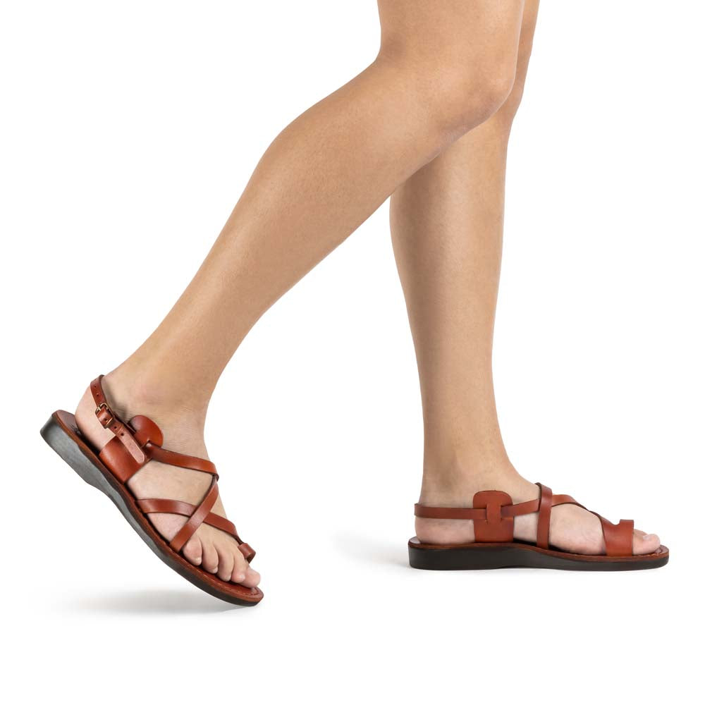 The Good Shepherd Buckle honey, handmade leather sandals with back strap and toe loop - Model View