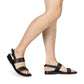 Model wearing Golan black, handmade leather sandals with back strap