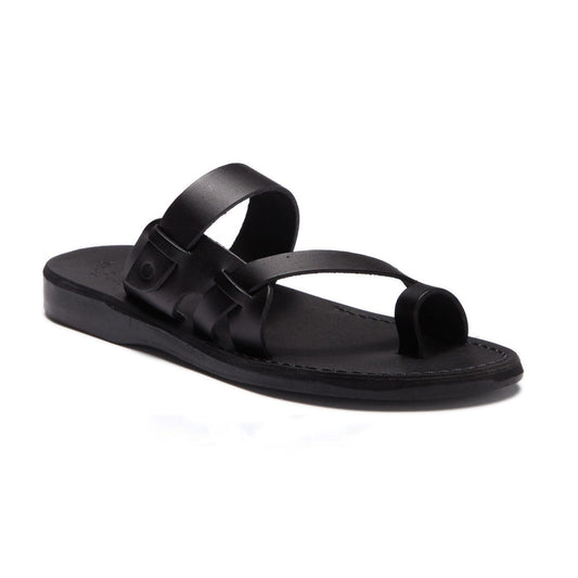 Jabin black, handmade leather slide sandals with toe loop - Front View