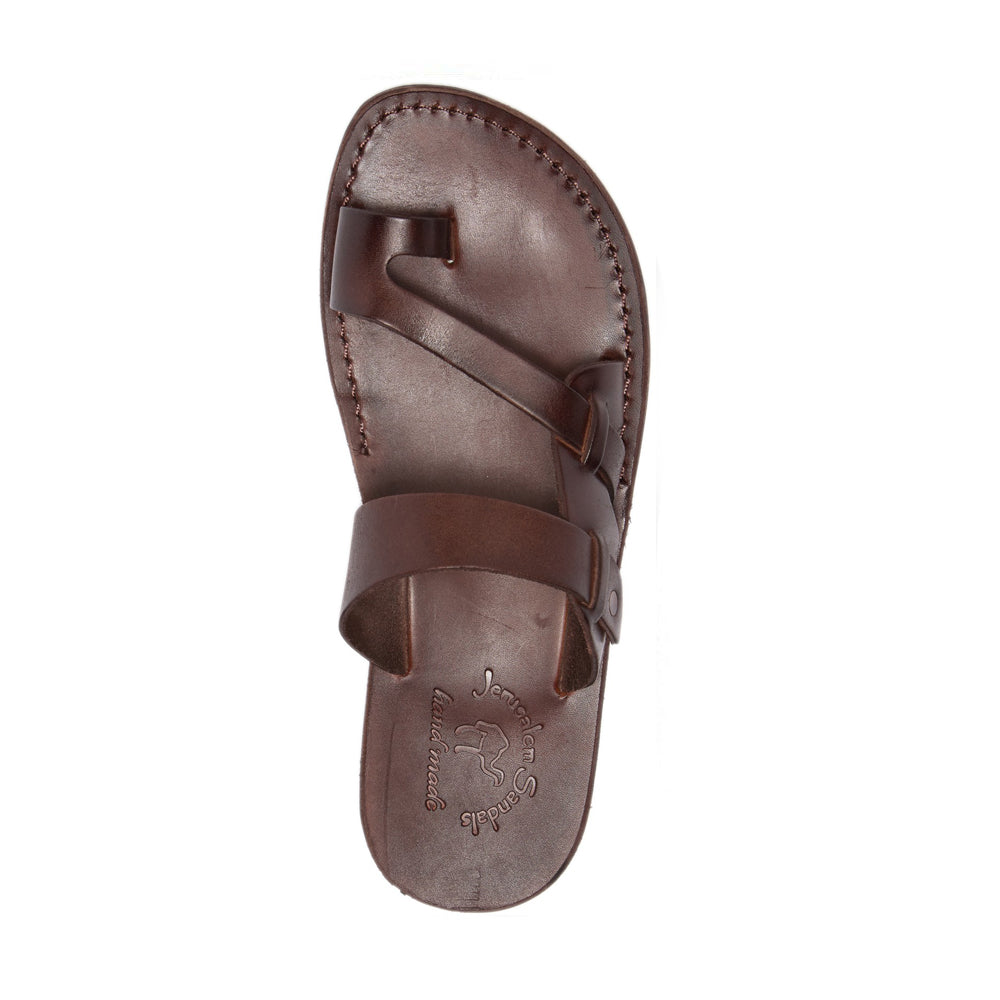Jabin brown, handmade leather slide sandals with toe loop - Top View