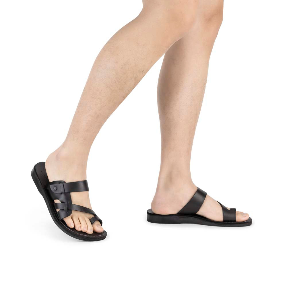 Jabin black, handmade leather slide sandals with toe loop - model View