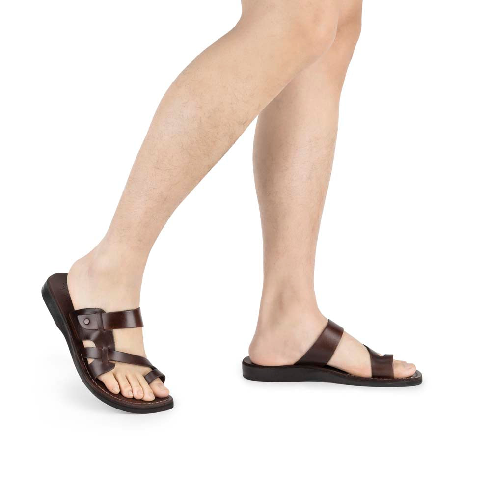 Jabin brown, handmade leather slide sandals with toe loop - Model View
