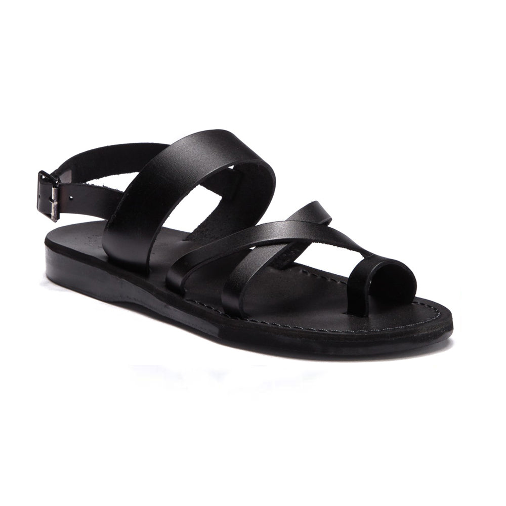 Amos black, handmade leather sandals with back strap and toe loop - front view