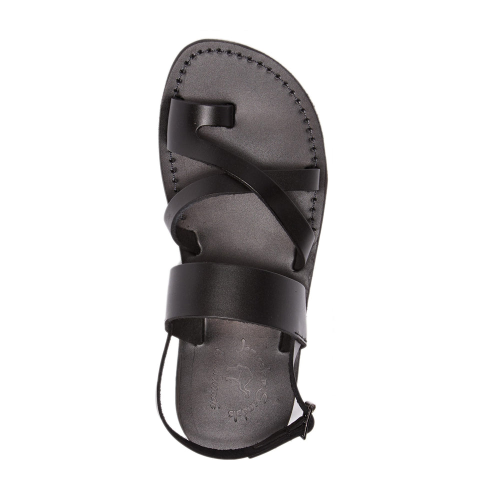Amos black, handmade leather sandals with back strap and toe loop - Top view