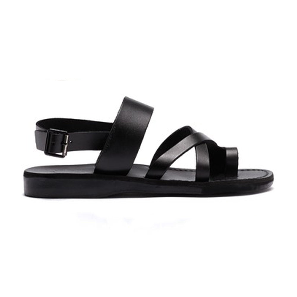 Amos black, handmade leather sandals with back strap and toe loop - side view