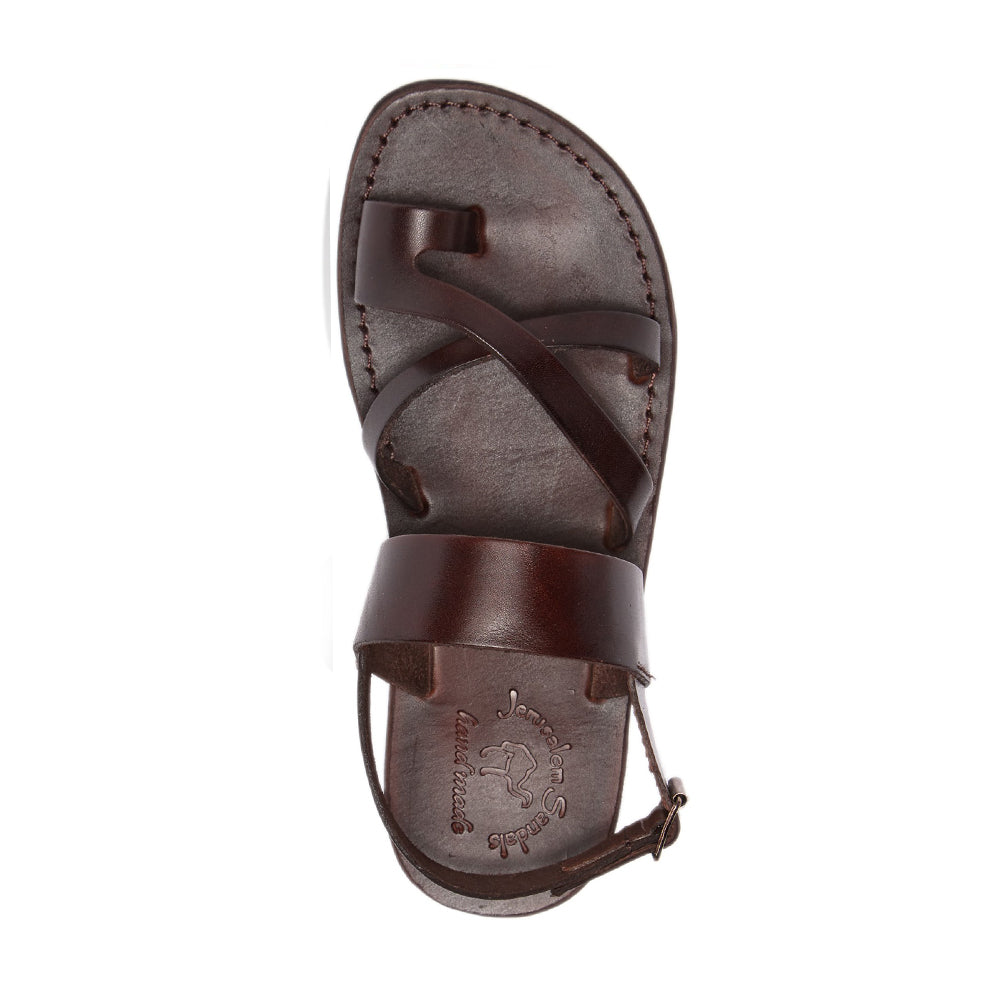 Amos brown, handmade leather sandals with back strap and toe loop - top view