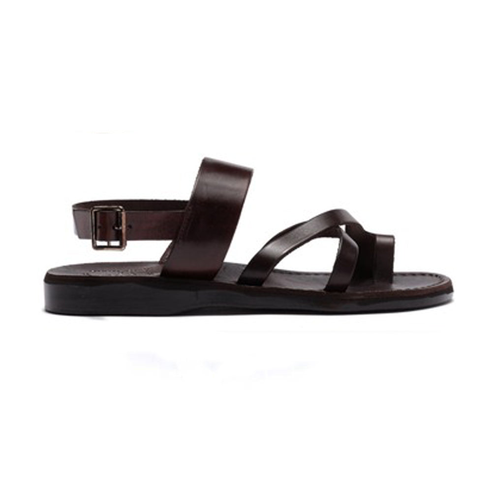 Amos brown, handmade leather sandals with back strap and toe loop - side view