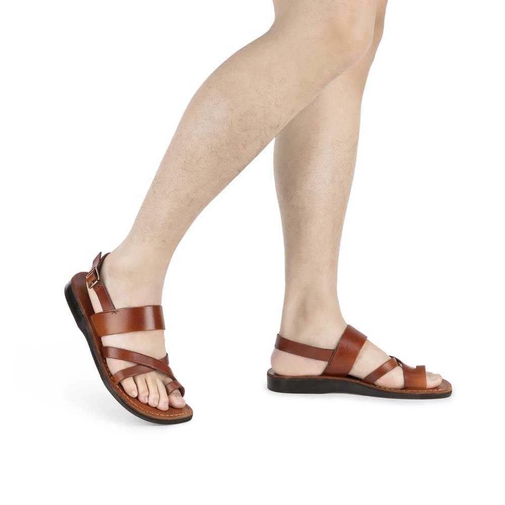 Amos honey, handmade leather sandals with back strap and toe loop - model view