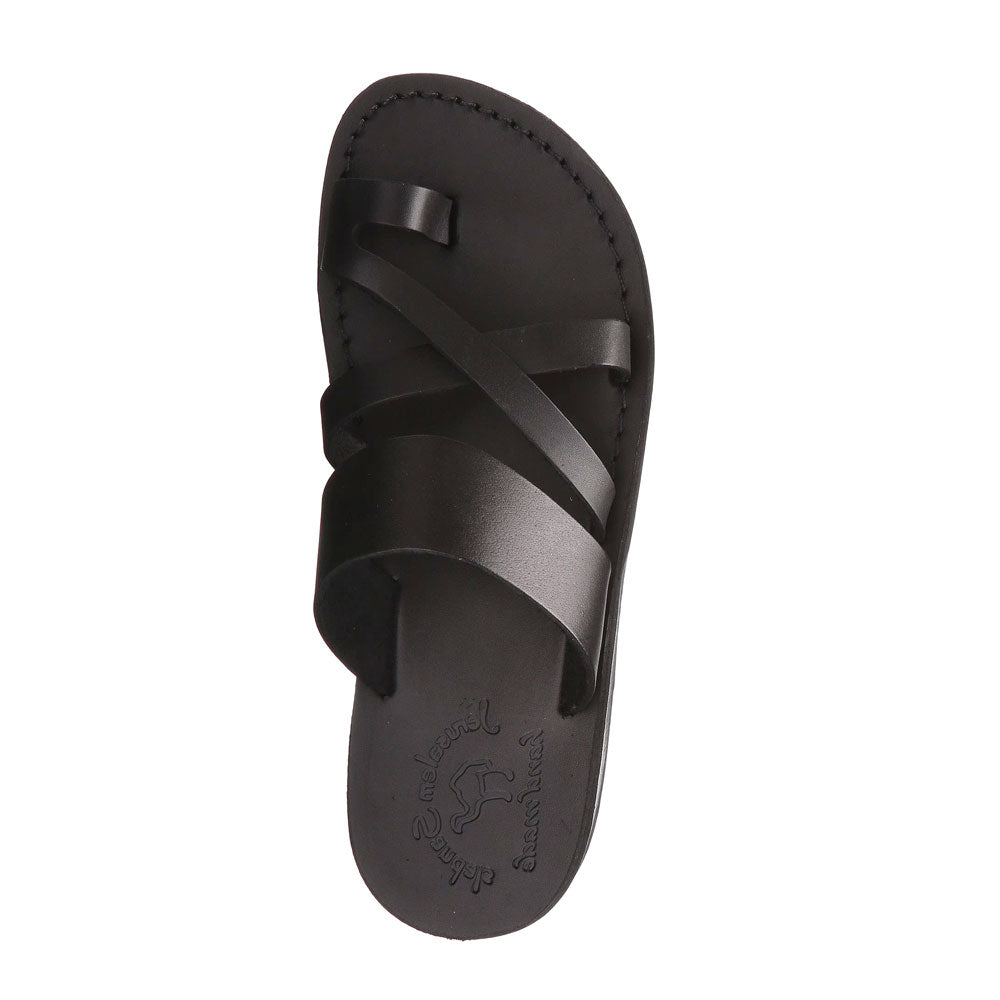 The Good Shepherd black, handmade leather slide sandals with toe loop - side View