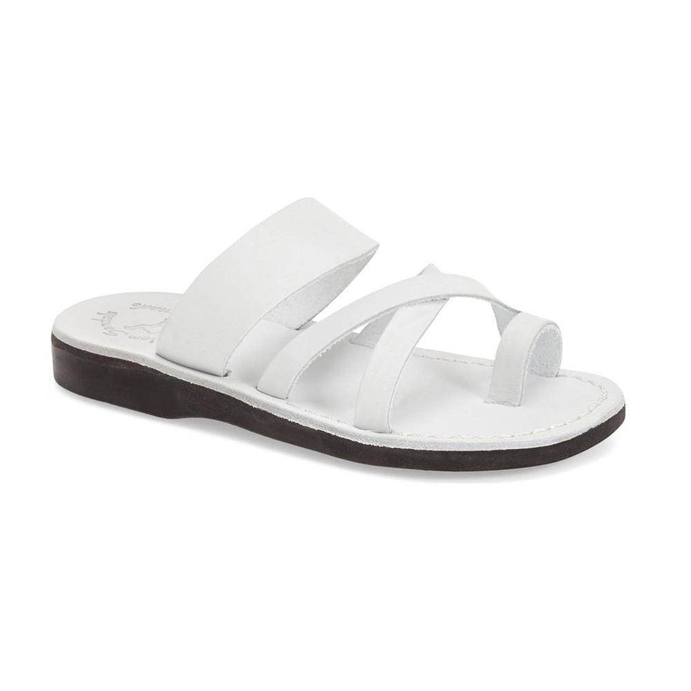 The Good Shepherd white, handmade leather slide sandals with toe loop - Front View