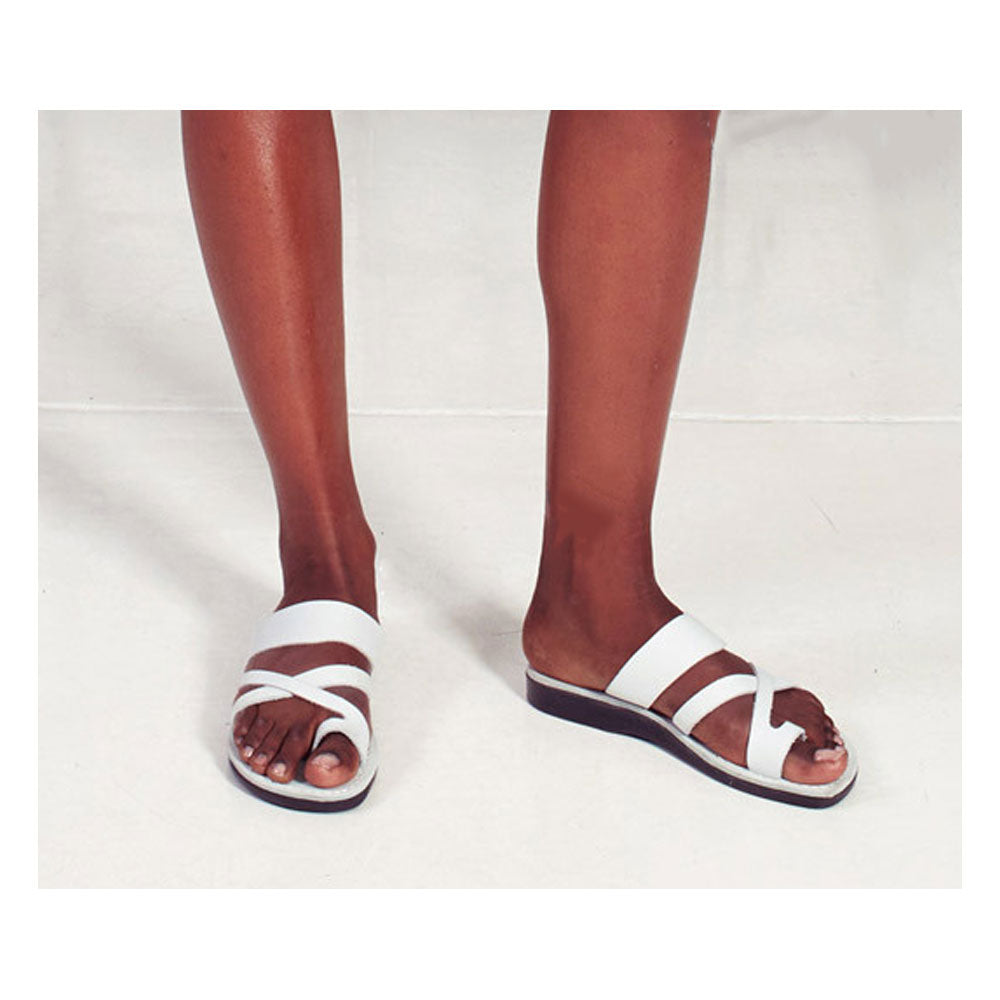 The Good Shepherd white, handmade leather slide sandals with toe loop - Side View