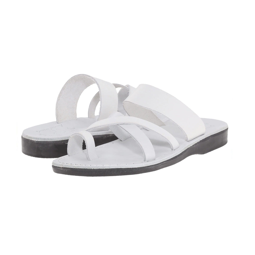 The Good Shepherd white, handmade leather slide sandals with toe loop - Side View