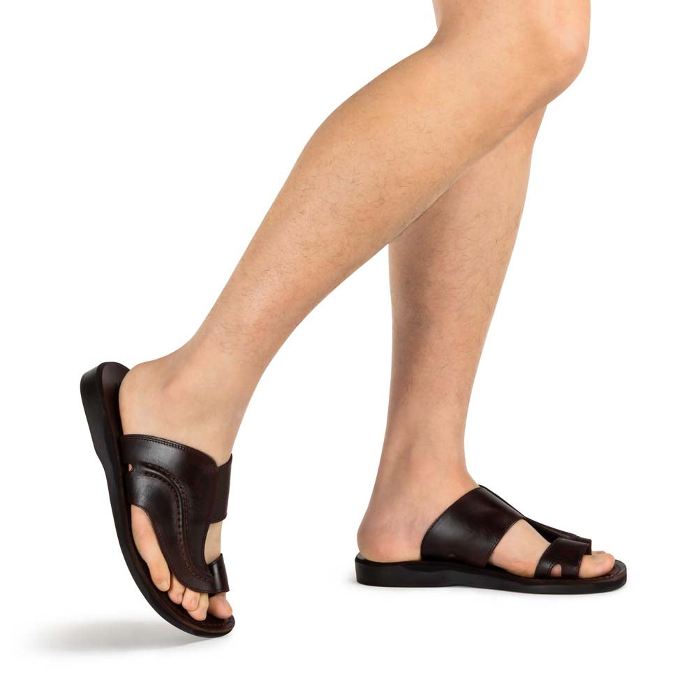 Peter Brown, handmade leather slide sandals with toe loop - model View