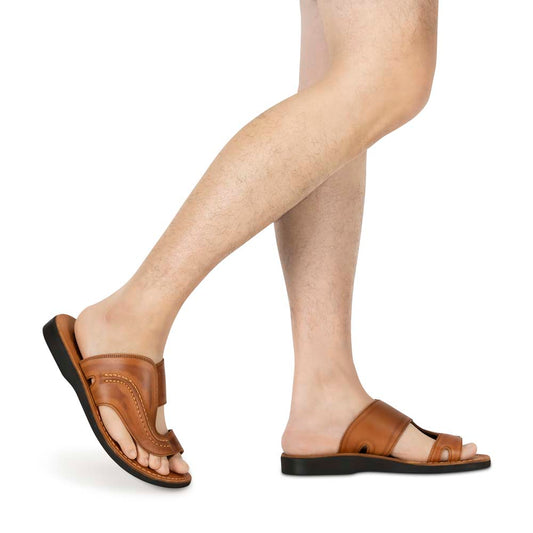 Peter honey, handmade leather slide sandals with toe loop - model View