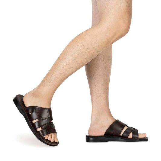 Model wearing Mateo brown, handmade leather slide sandals