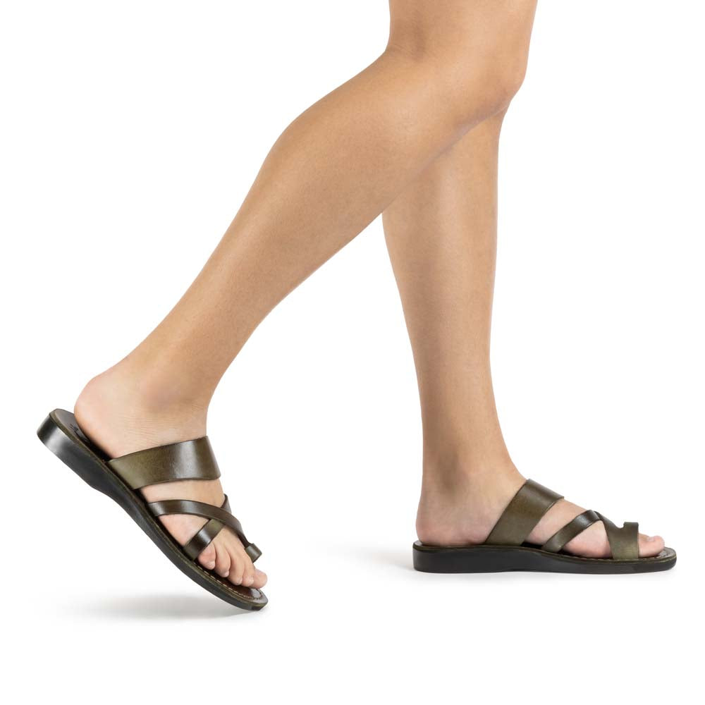 The Good Shepherd Olive, handmade leather slide sandals with toe loop - model View