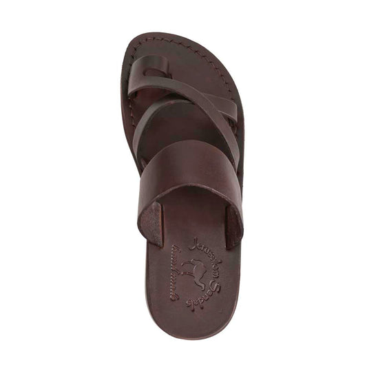The Good Shepherd brown, handmade leather slide sandals with toe loop - Side View