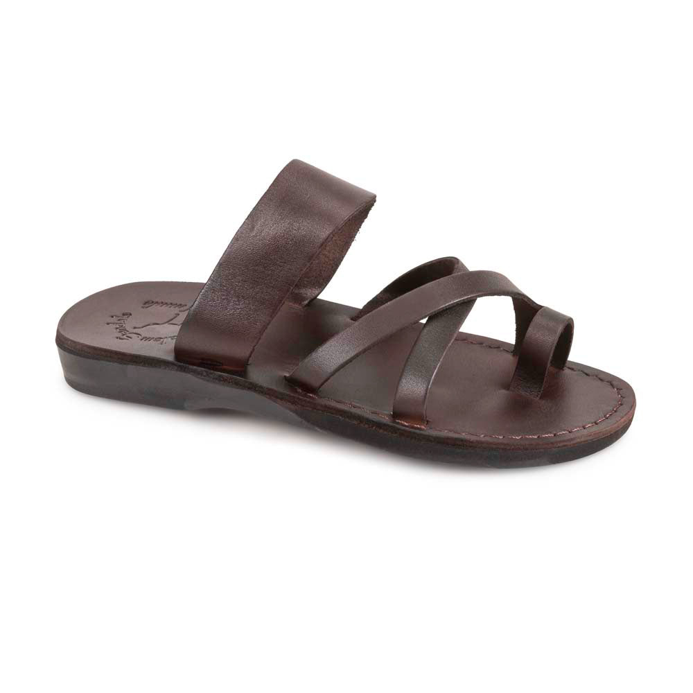 The Good Shepherd brown, handmade leather slide sandals with toe loop - Front View