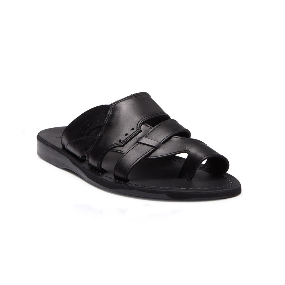 Aron black, handmade leather slide sandals with toe loop - Front View
