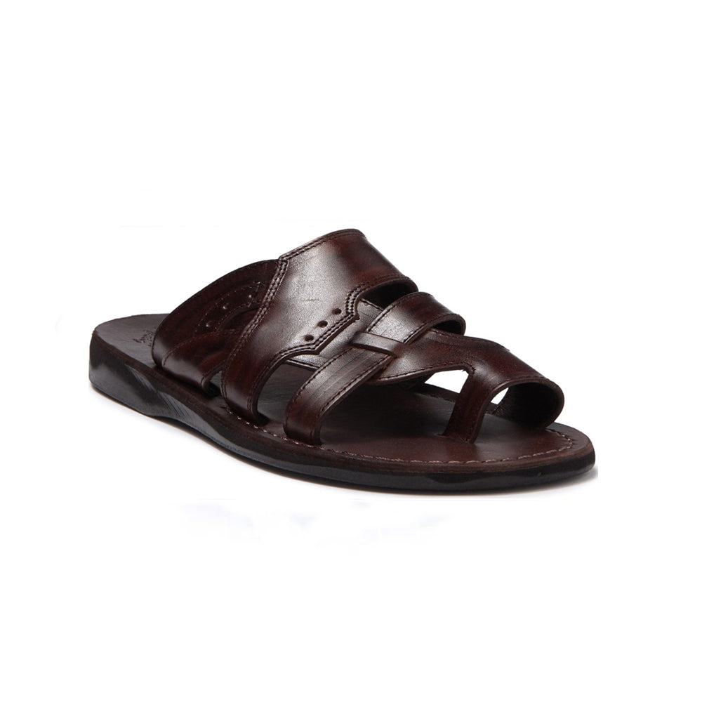 Aron brown, handmade leather slide sandals with toe loop - Front View