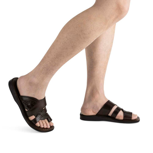 Aron brown, handmade leather slide sandals with toe loop - model View