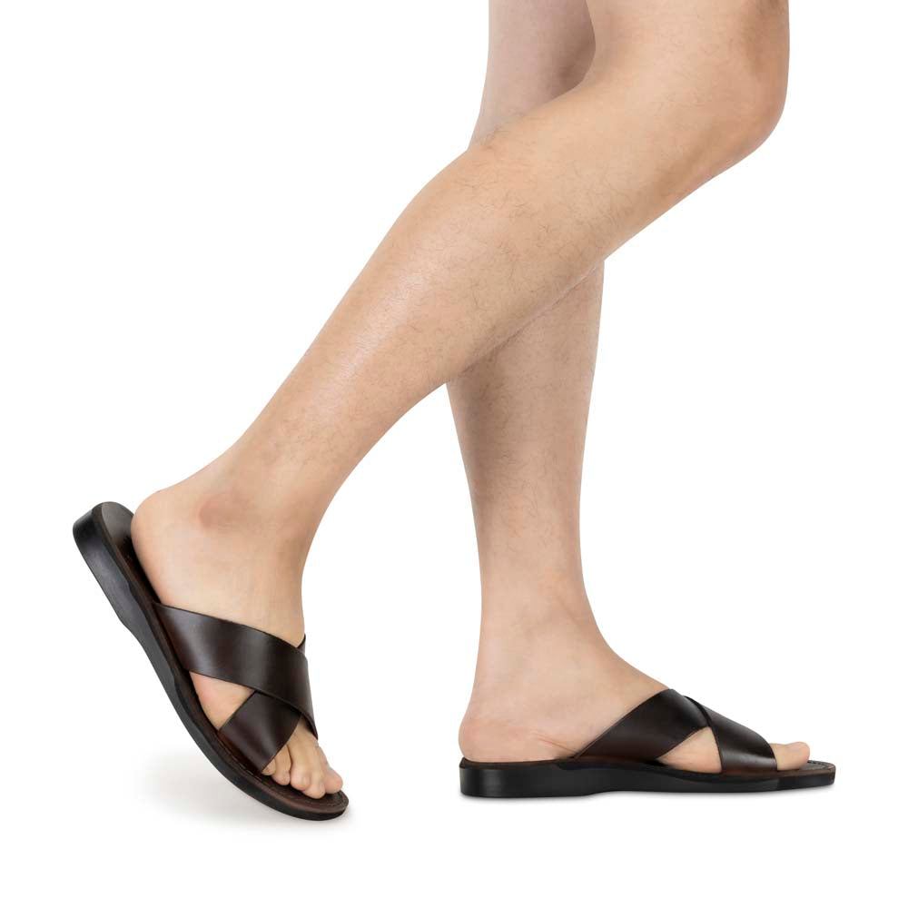 Model wearing Elan brown, handmade leather slide sandals