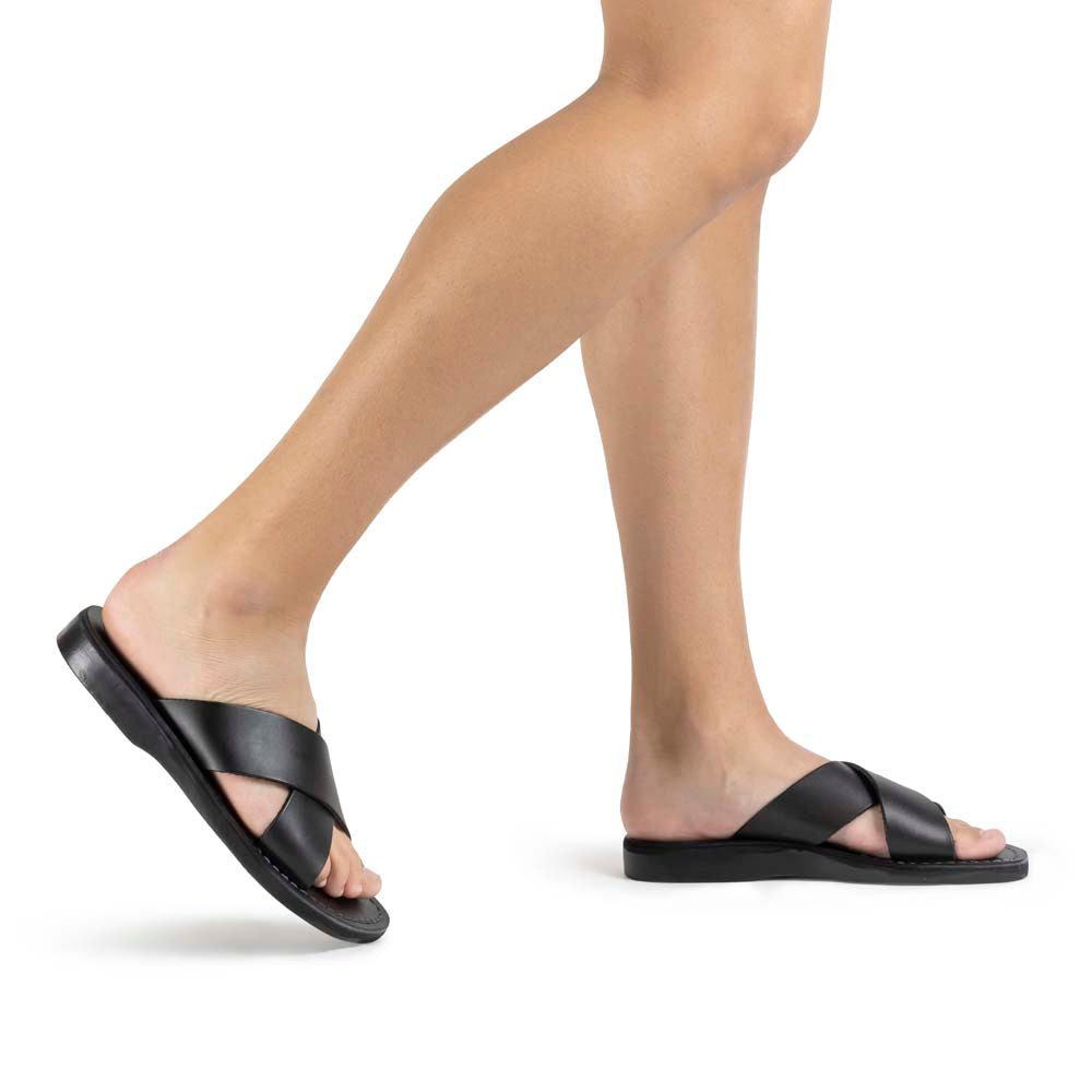 Elan black, handmade leather slide sandals - Model View