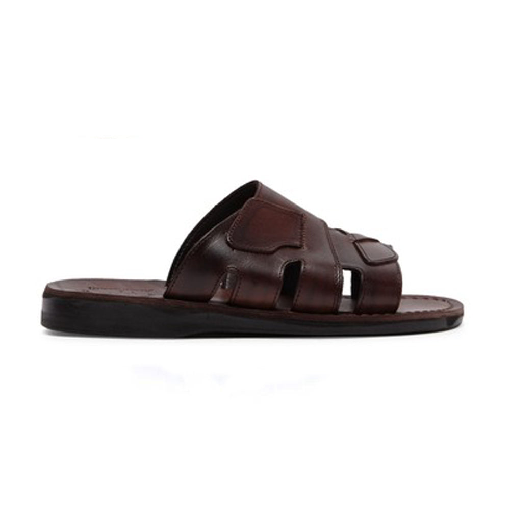 Mateo brown, handmade leather slide sandals - Front View