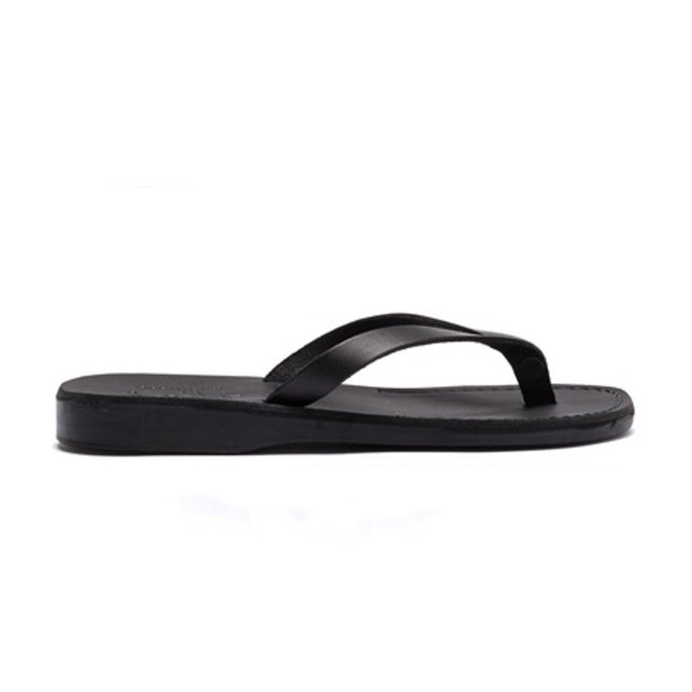 Jaffa black, slip-on flip flop style leather sandal - side view