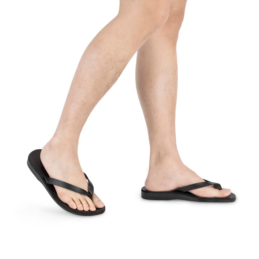 Jaffa black, slip-on flip flop style leather sandal - Model view