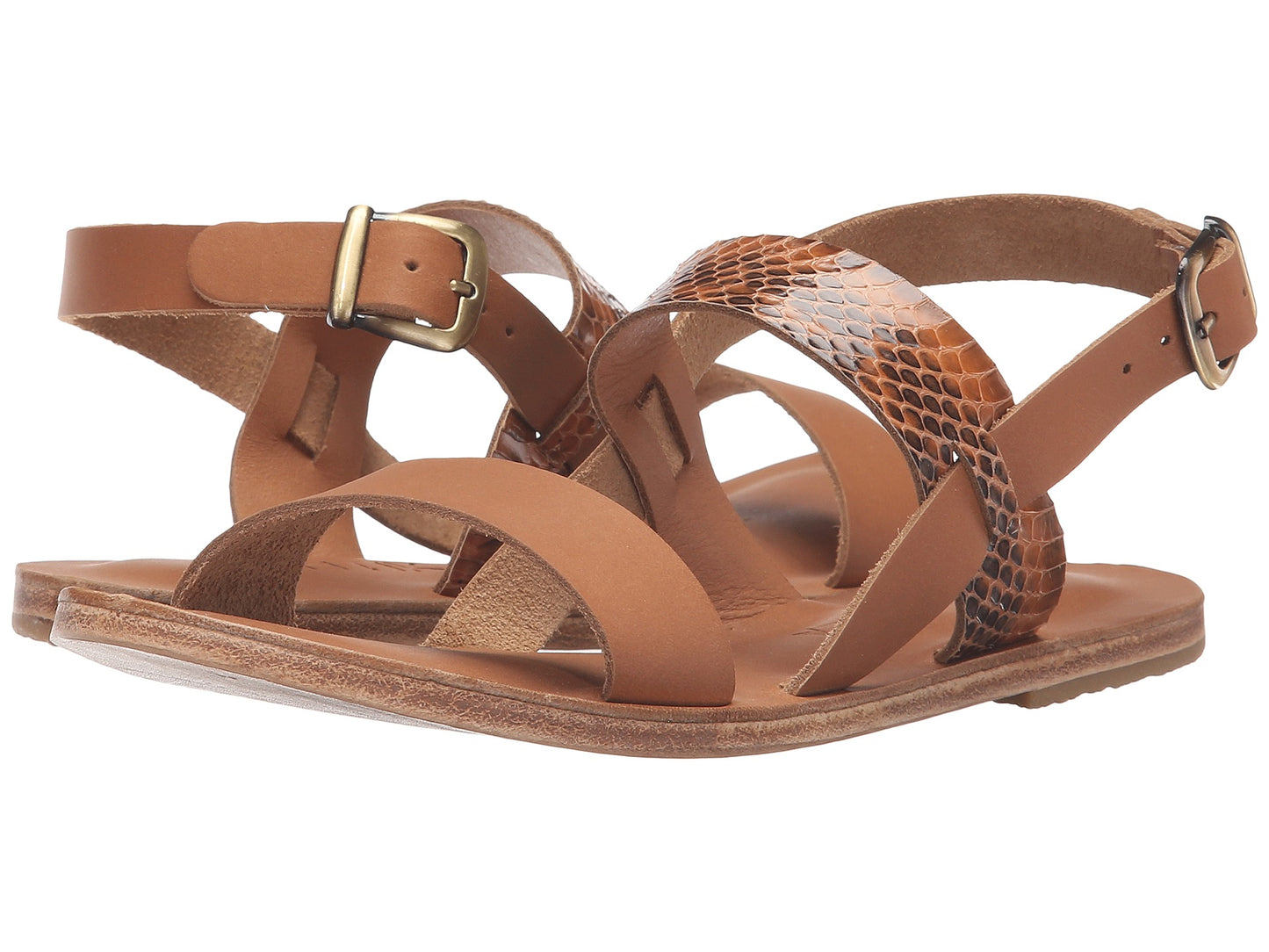 Abbot Kinney Blvd tan snake skin, handmade leather buckle sandals with front loop - Side View