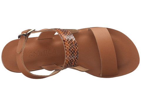 Abbot Kinney Blvd tan snake skin, handmade leather buckle sandals with front loop - Top View