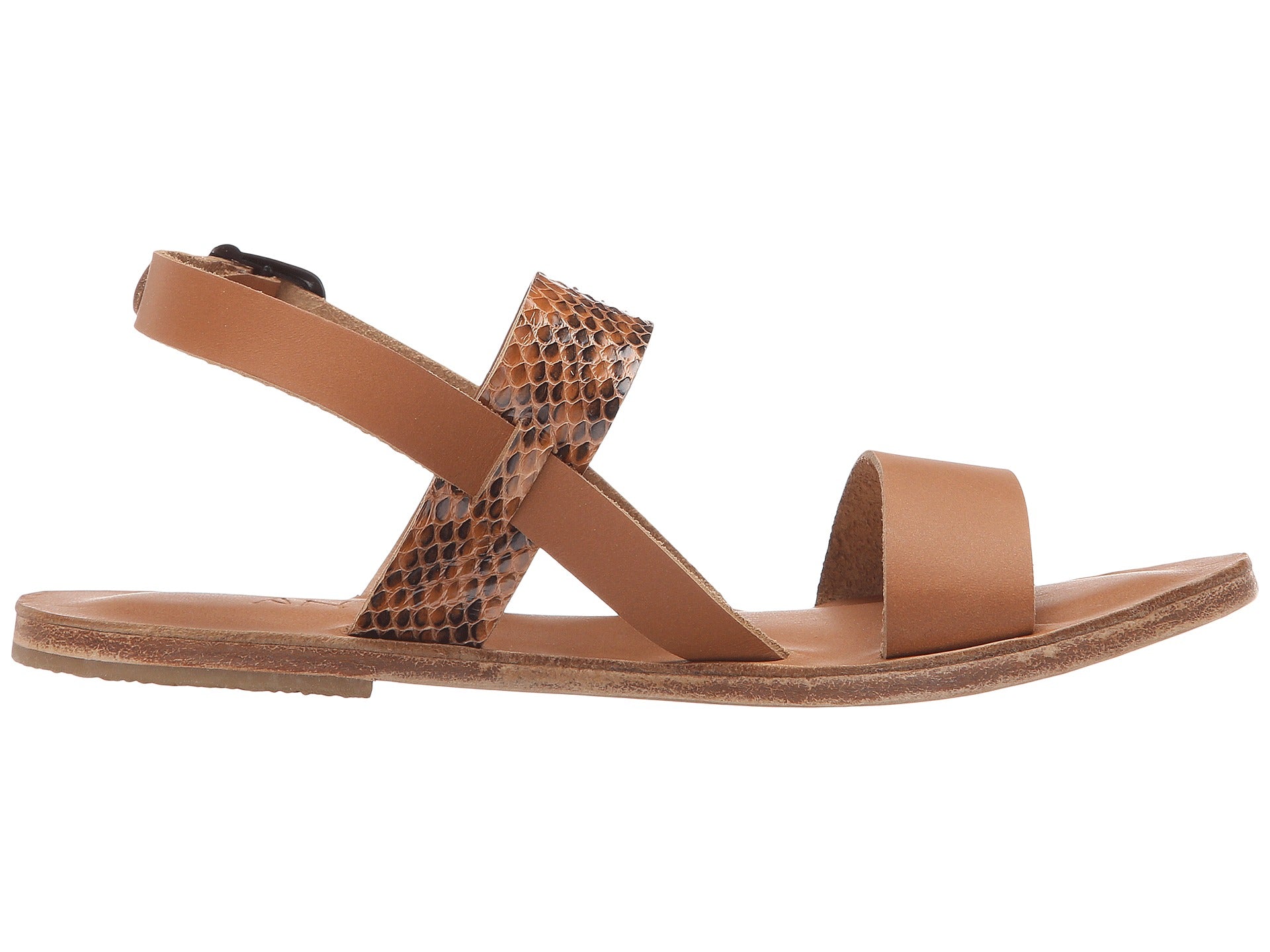 Abbot Kinney Blvd tan snake skin, handmade leather buckle sandals with front loop - Side View