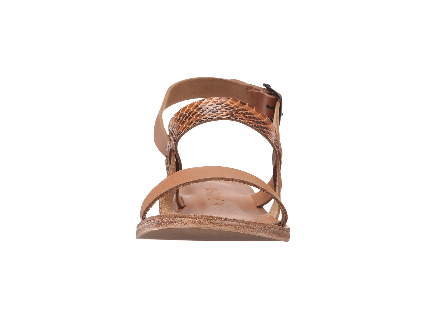 Abbot Kinney Blvd tan snake skin, handmade leather buckle sandals with front loop - front View