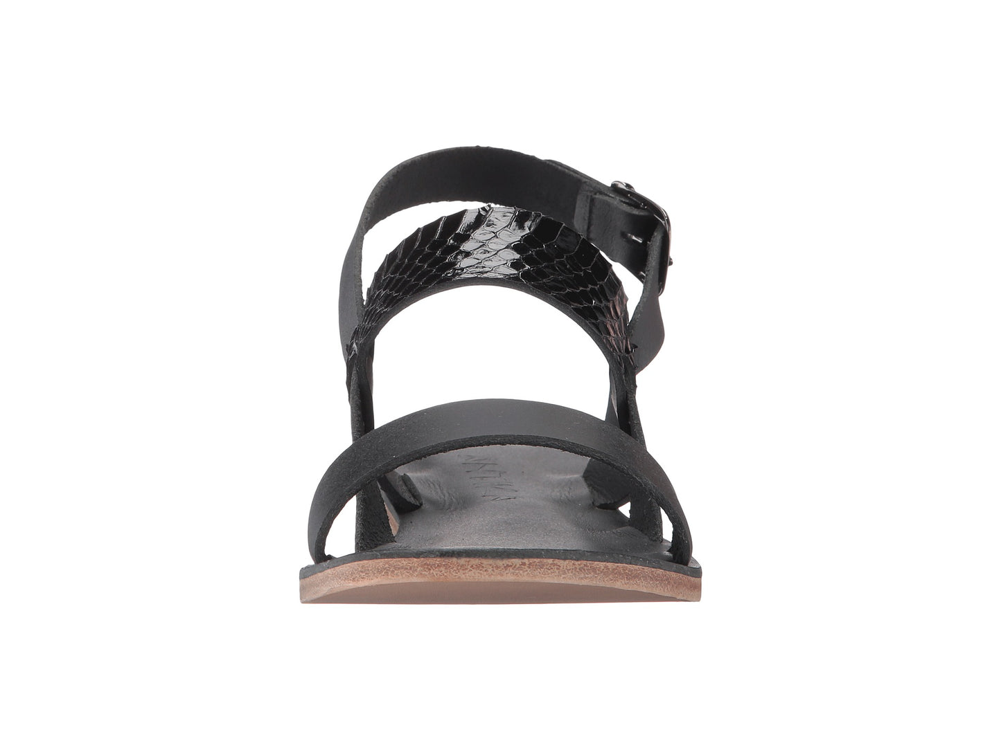 Abbot Kinney Blvd black snake skin, handmade leather buckle sandals with front loop - Front View